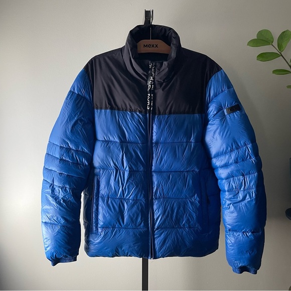 Michael Kors Puffer Jacket Designer Coat Blue Black Colorblock Mens Size Medium - Picture 7 of 11